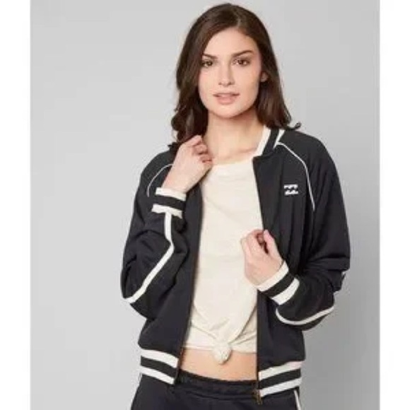 Billabong Track Jacket “Locals Only” Bomber Terry Lined Striped Trim NWT - Picture 2 of 16